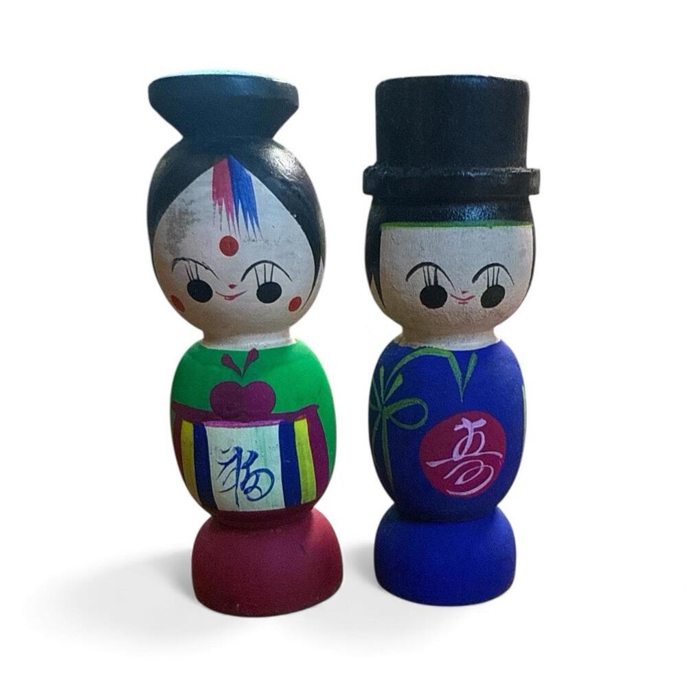 Kokeshi Korean wedding wooden Bride Groom Boy Girl Hand Painted dolls 4.5"